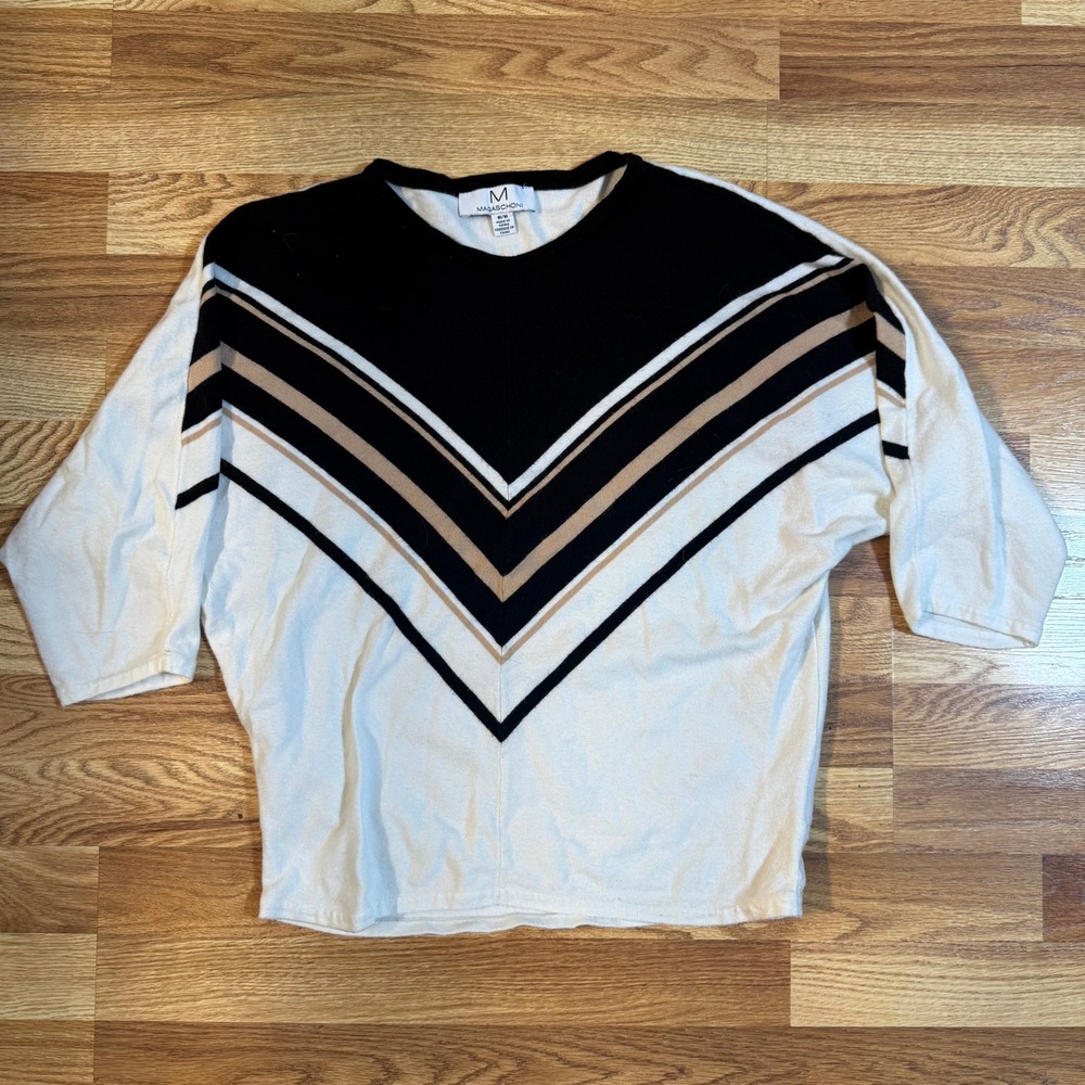 Magaschoni Womens M Black White Tan Chevron Stripe Dolman Sleeve Knit Sweater